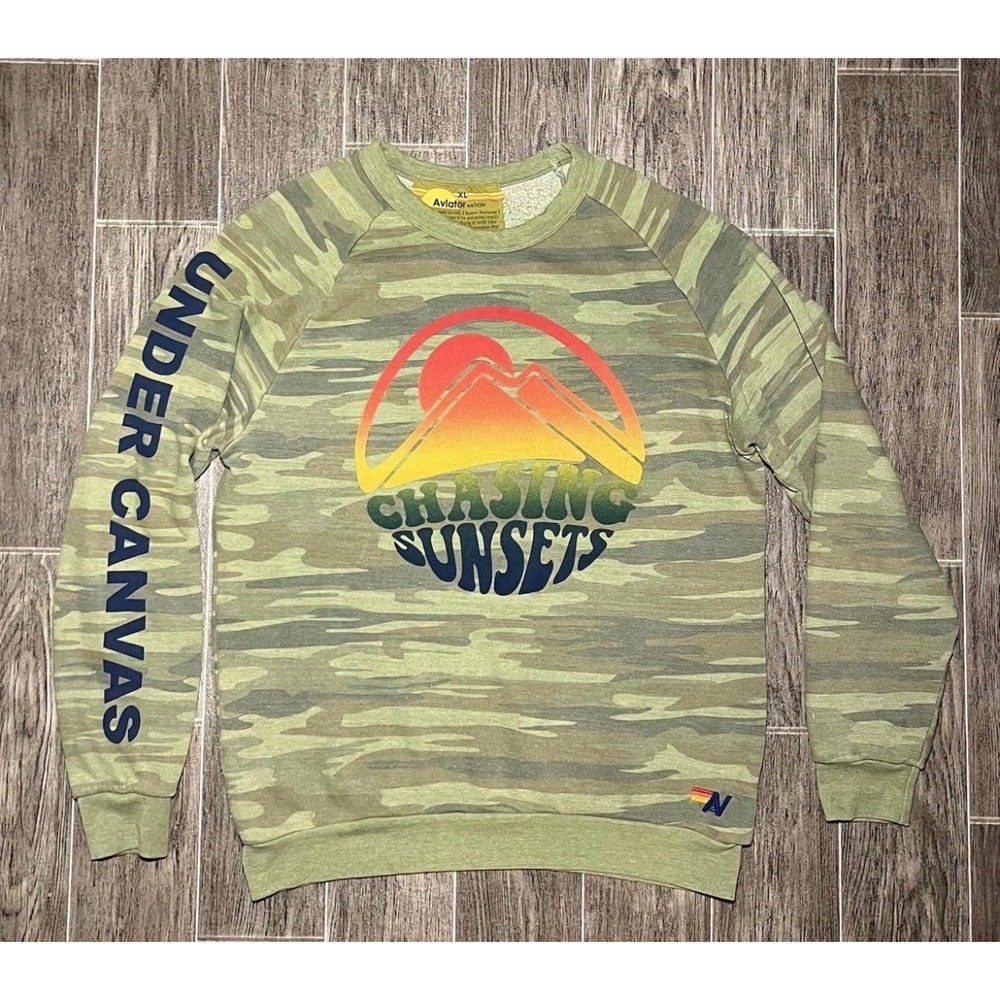 Aviator Nation Sweatshirt Mens XL Green Camo Pullover Chasing Sunsets Raglan